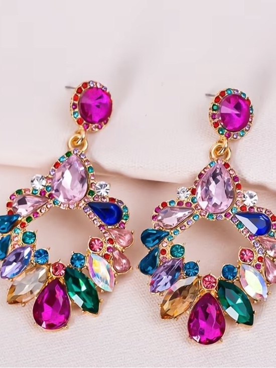 Jewelry - New Multicolor Crystal Teardrop Statement Earrings - Bold Pink Accent